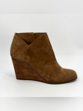 Lucky Brand Boots Women 8.5M Brown Leather Suede Wedge Heel Yakeena Ankle Bootie